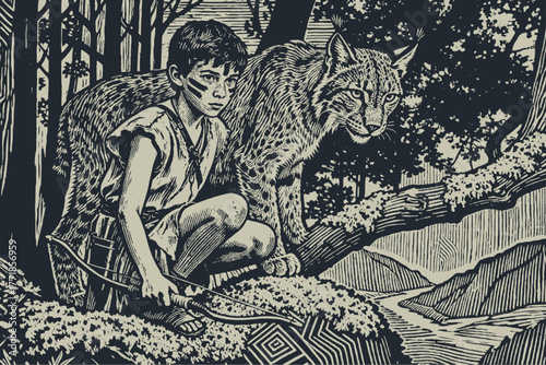 A wild boy hunter with a bow and his lynx companion in a forest. Detailed vector illustration in a vintage woodcut or engraving monochrome style.