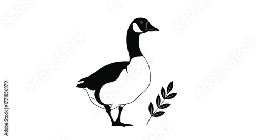 A stylized illustration of a Canada goose standing next to a small branch with leaves.