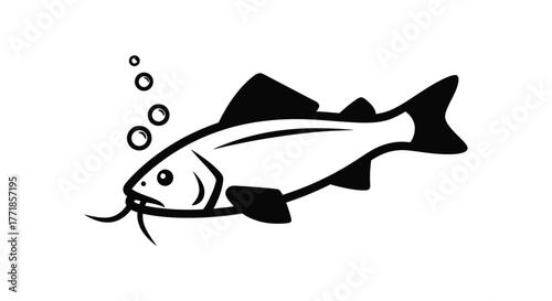 A single fish with whiskers swims upwards, leaving a trail of bubbles behind.