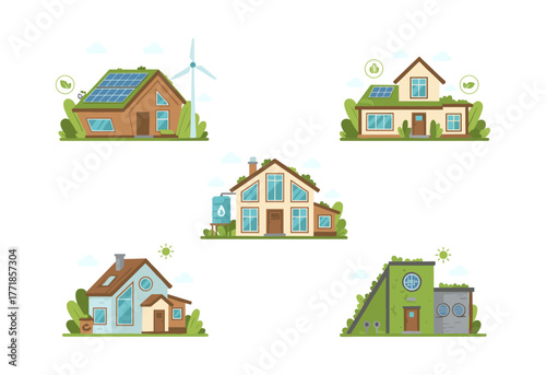 Sustainable eco houses generating green clean energy