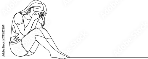 continuous line drawing of sad sorrowful female teenager or young woman sitting on floor covering face with hands, line art vector illustration
