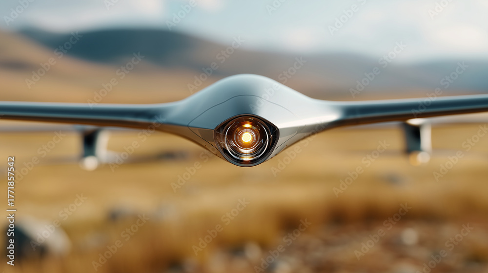 Obraz premium Minimalist concept of military drone monitoring open steppe, focus on glowing lens and aerodynamic structure, with copy space.