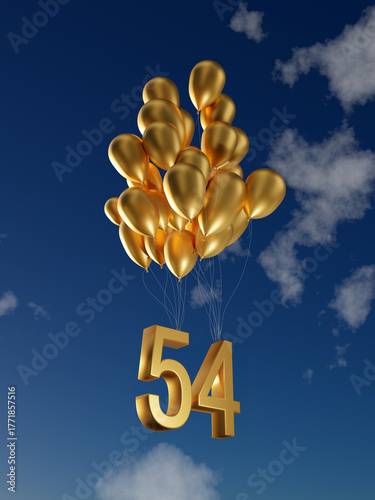 UAE's 54th National Day Celebration with Golden Balloons Taking off No. 54, 3D Illustration