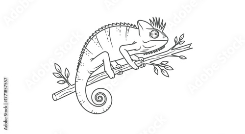 A black and white line drawing of a chameleon perched on a branch with leaves.
