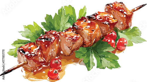 Delicious Chicken Skewer Succulent Meat Pieces Vector Illustration