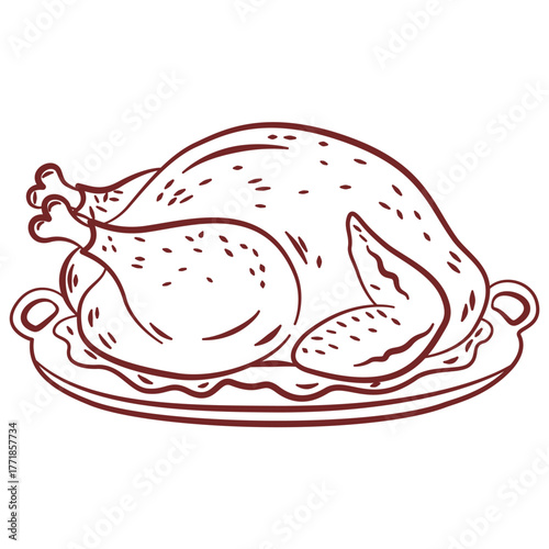 Thanksgiving day dish. Thanks giving celebration. Festive turkey on salad dinner. Dinner Together. Vintage elegant line art turkey on a plate with lettuce.
