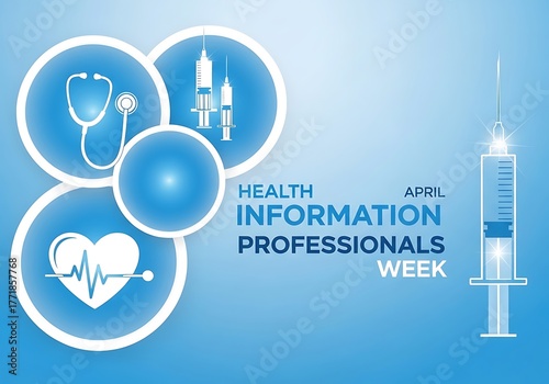 Health information professionals week awareness with medical icons and syringe illustration