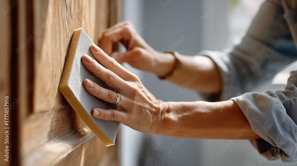 Obraz premium Homeowner sanding door edges for smoother fit. A close-up of a persons hands using sandpaper to smooth a wooden door edge. The light is warm and even, with dust particles visible