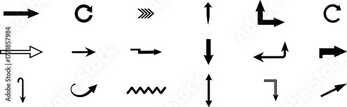Assortment of black arrow symbols and icons on a transparent background, featuring different styles like straight, curved, zigzag, and directional indicators