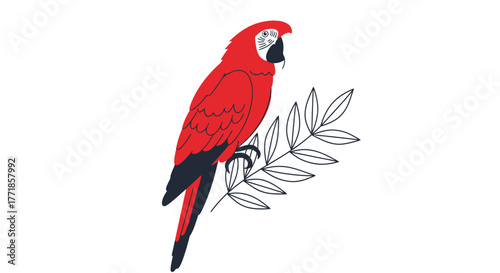 A vibrantly colored red parrot perches on a delicate leafy branch.