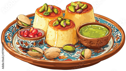 Exquisite Middle Eastern Desserts with Pistachios Arranged on Traditional Turkish Plate