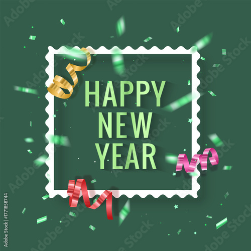 A New Year's card or holiday card with a white frame for text on a green background ribbons on green background