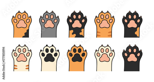 Cat paw prints set with different fur patterns