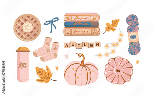 Cozy autumn attributes isolated on white background. Fall clip art set. Pumpkins, yarn, leaves, books, pastries, bows. Inscription Autumn. Vector fall illustration in pastel pink, yellow and blue
