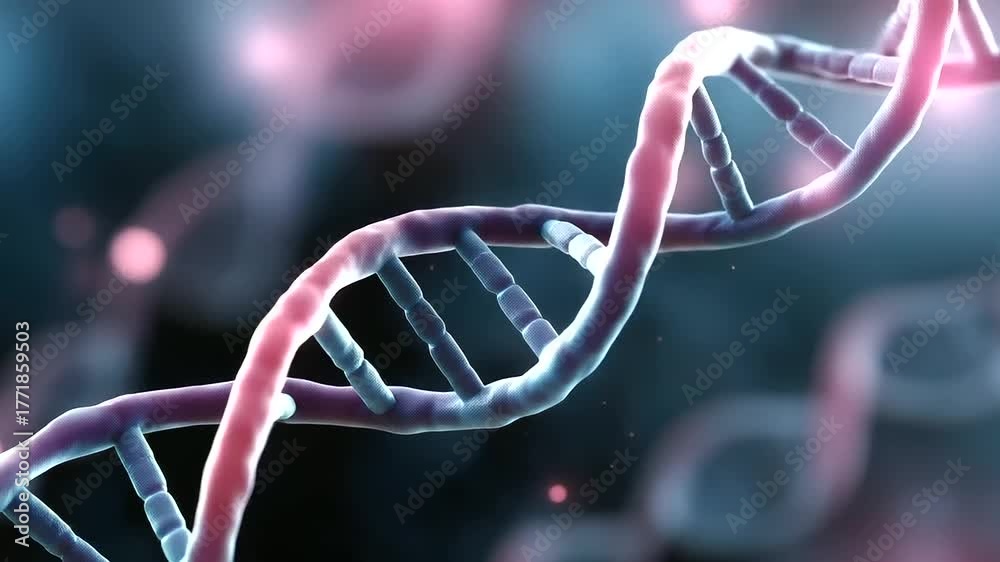 3D visualization of glowing DNA strand and microscopic particles floating in blue and pink abstract space, biotechnolog AI