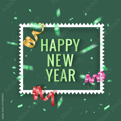 A New Year's card or holiday card with a white frame for text on a green background ribbons on green background