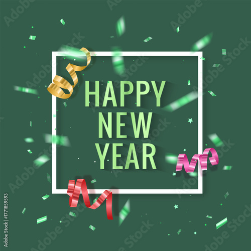 A New Year's card or holiday card with a white frame for text on a green background ribbons on green background