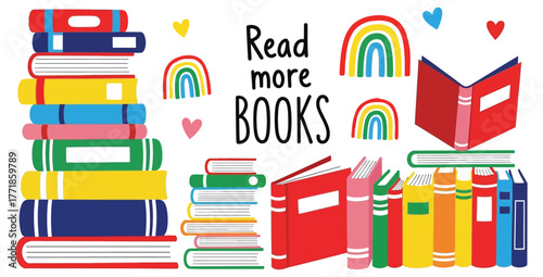 Colorful illustration with stacks of books rainbows and hearts promoting reading habits
