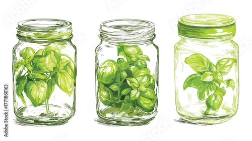 Fresh Basil Herb Jar for Restaurant Menu Design - Vector Illustration