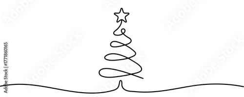 Continuous line drawing of a Christmas tree with a star on top. Festive pine tree and gift box in a simple line style. Vector illustration.