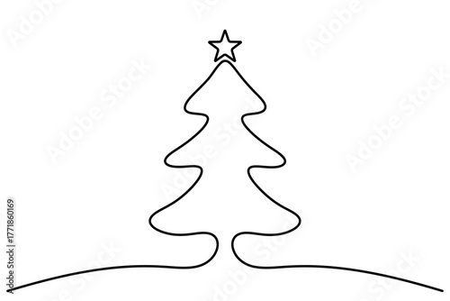 Continuous line drawing of a Christmas tree with a star on top. Festive pine tree and gift box in a simple line style. Vector illustration.