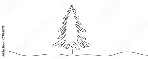 Continuous line drawing of a Christmas tree with a star on top. Festive pine tree and gift box in a simple line style. Vector illustration.