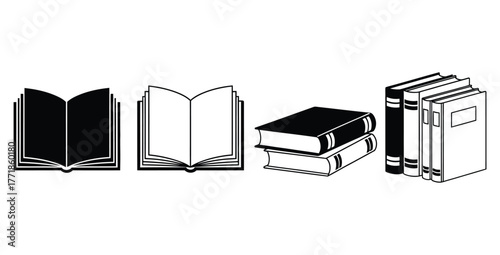 Black and white illustration of open and stacked books for education and reading themes