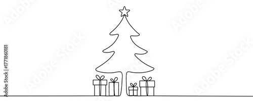 Continuous line drawing of a Christmas tree with a star on top. Festive pine tree and gift box in a simple line style. Vector illustration.
