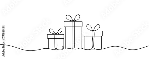 Continuous line art of a Christmas or holiday gift. Minimalistic single-line style. Vector illustration.