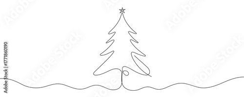 Continuous line drawing of a Christmas tree with a star on top. Festive pine tree and gift box in a simple line style. Vector illustration.