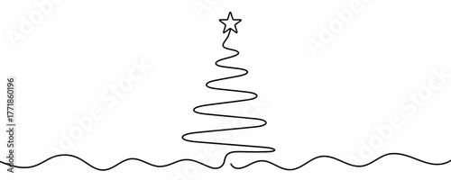 Continuous line drawing of a Christmas tree with a star on top. Festive pine tree and gift box in a simple line style. Vector illustration.