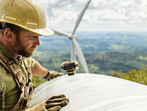 Engineer examining a prototype for a new wind turbine