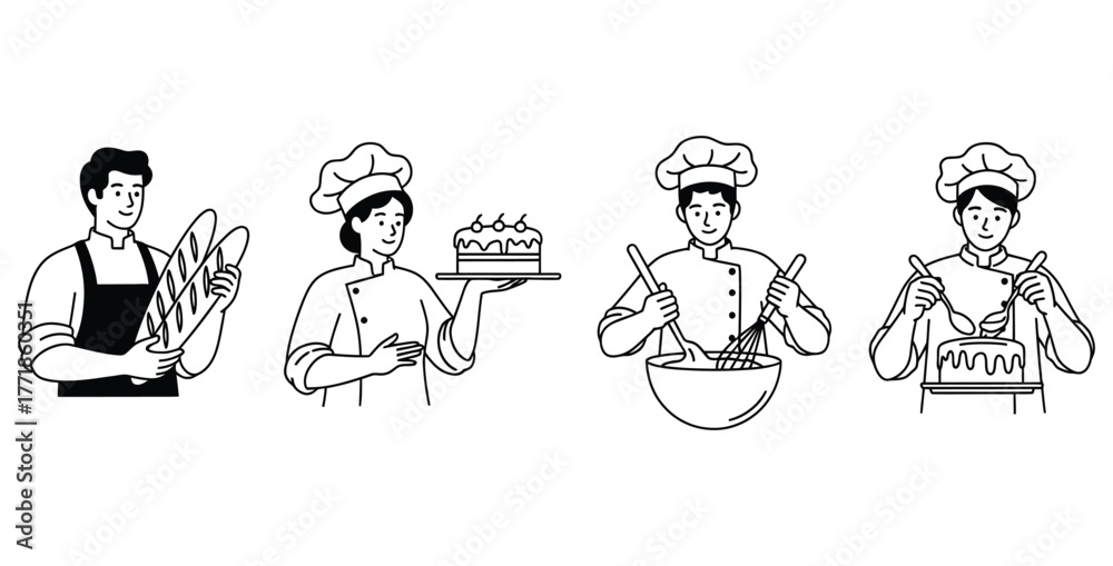 Naklejka premium Line art illustration of bakers preparing bread and cake in a bakery setting design
