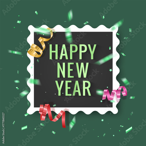 A New Year's card or holiday card with a white frame for text on a green background ribbons on green background