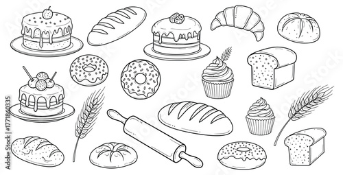 Variety of baked goods including cakes breads donuts and cupcakes in a line art style