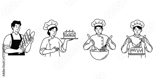 Line art illustration of bakers preparing bread and cake in a bakery setting design