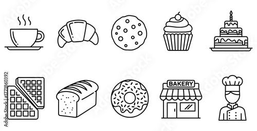Line art illustration of bakery items including cake coffee croissant and bakery shop