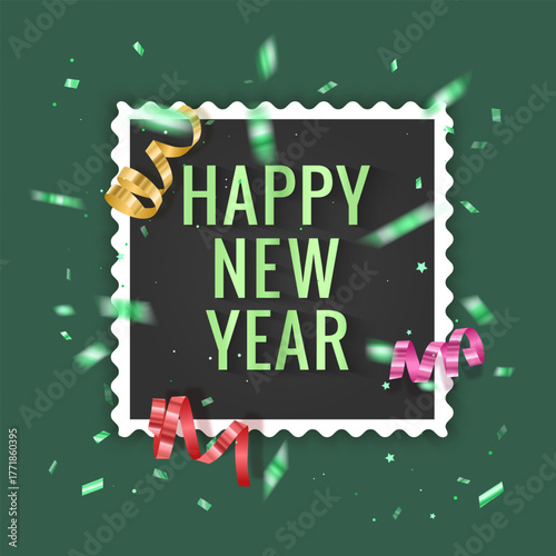 A New Year's card or holiday card with a white frame for text on a green background ribbons on green background
