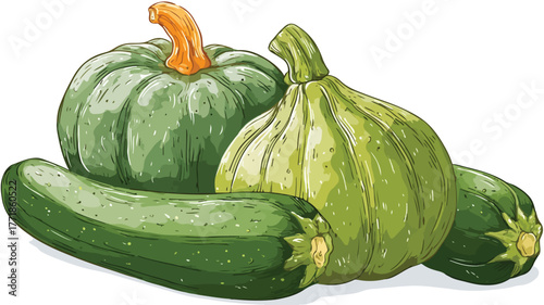 Vibrant Fresh Pumpkin and Zucchini Vegetables Vector Illustration