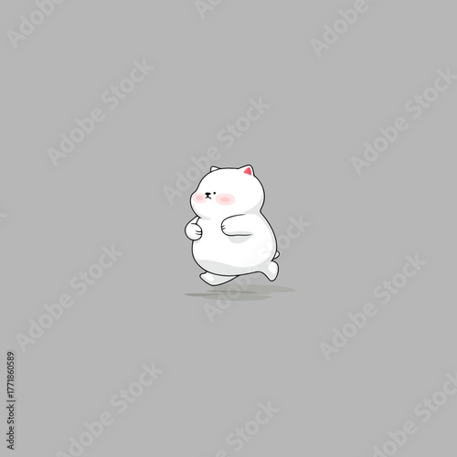 Cute white cartoon bear cub running happily. Adorable chubby baby animal illustration, isolated on a simple gray background.