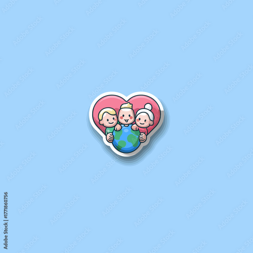 Obraz premium Multigenerational family embracing Earth in a heart sticker illustration. Global unity, love, and protection of the planet concept.