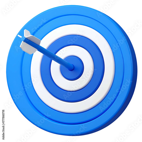 A blue and white bullseye with a white arrow hitting the center