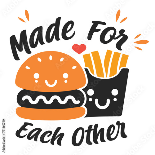 Burger and Fries Cartoon Couple T-Shirt Design for Valentine's Day