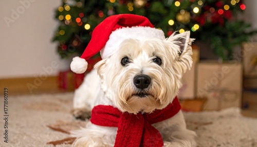 Westie Dog Christmas Portrait with Santa Hat and Scarf.