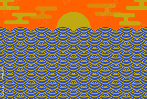 年賀状の背景素材　和風グラフィック　初日の出（2）　オレンジと青　ヨコ