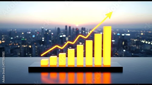 Vibrant city skyline at sunset with rising bar graph and upward trend