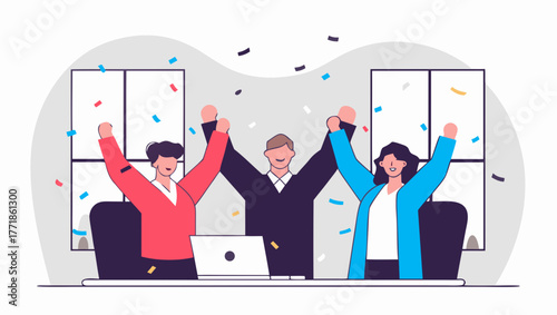 Team celebrating successful business deal with confetti and smiles in office