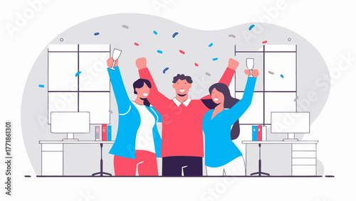 Team celebrating successful business deal with confetti and smiles in office