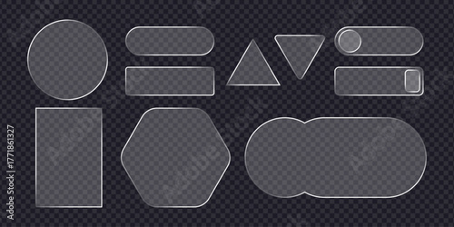 Collection of transparent glass liquid fram or acrylic shapes with rounded edges on a dark background