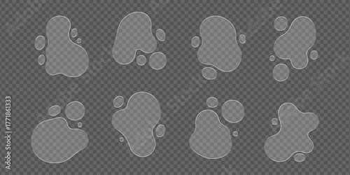 Collection of realistic liquid glass fram water drops and splashes on a transparent background